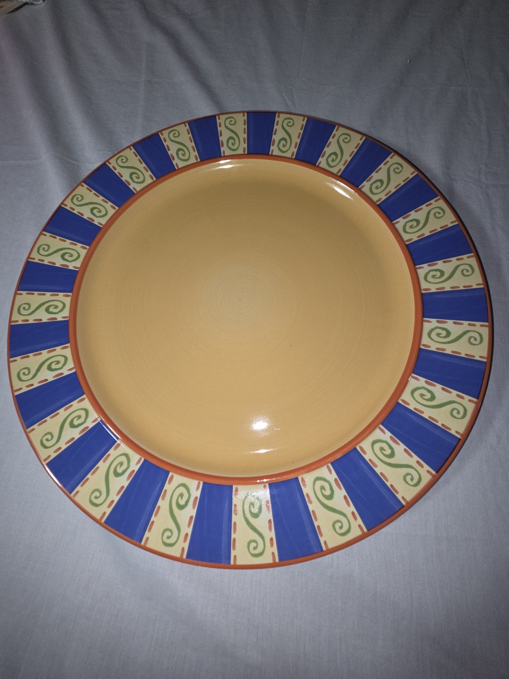 Pfaltzgraff Yellow 15 In Chop Plate with Blue and Green Decorative Rim